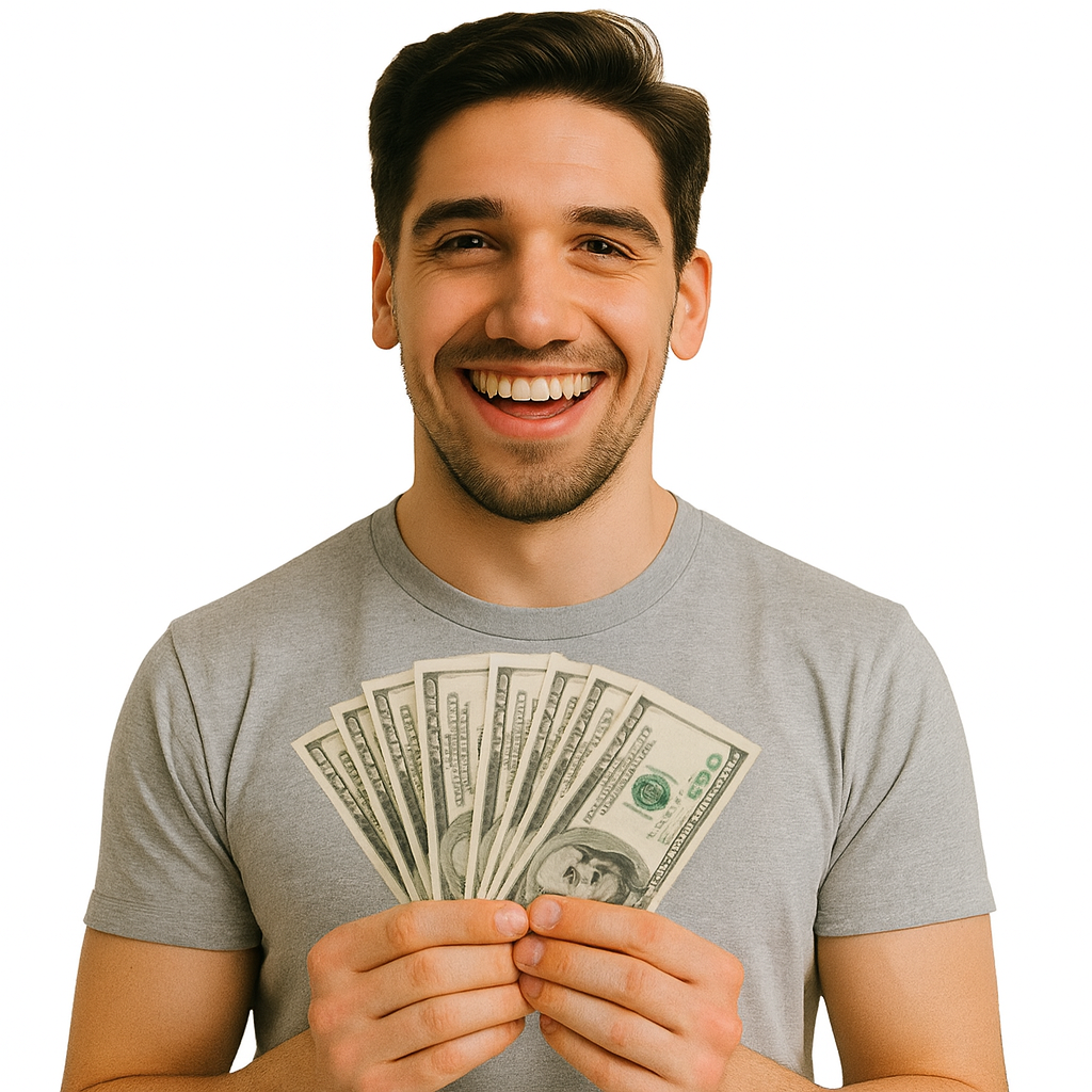 Smiling man holding cash